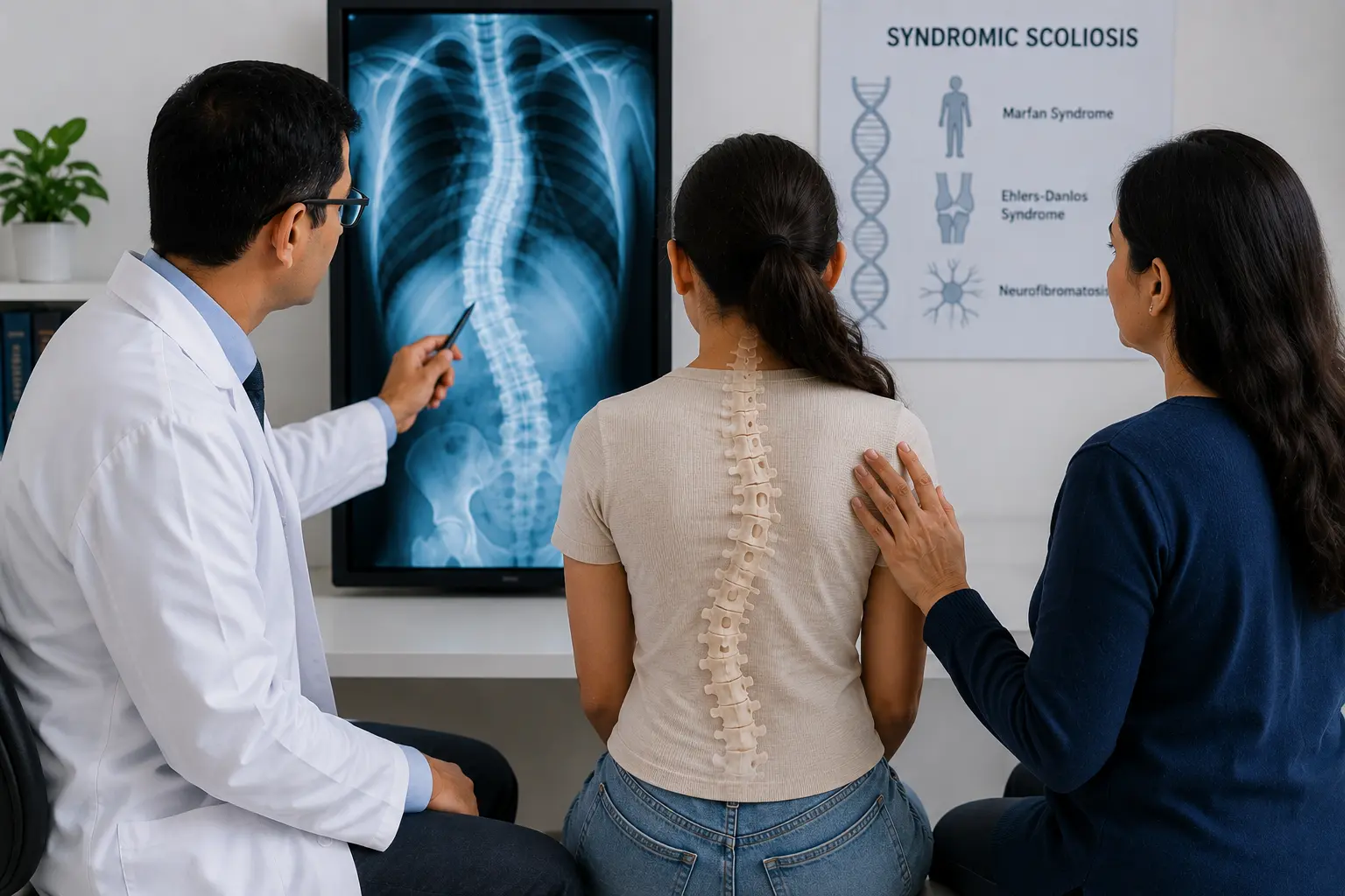 Doctor reviews a spine X-ray on a lightbox with a young girl and her mother in a clinic; a Congenital Scoliosis poster is on the wall above.