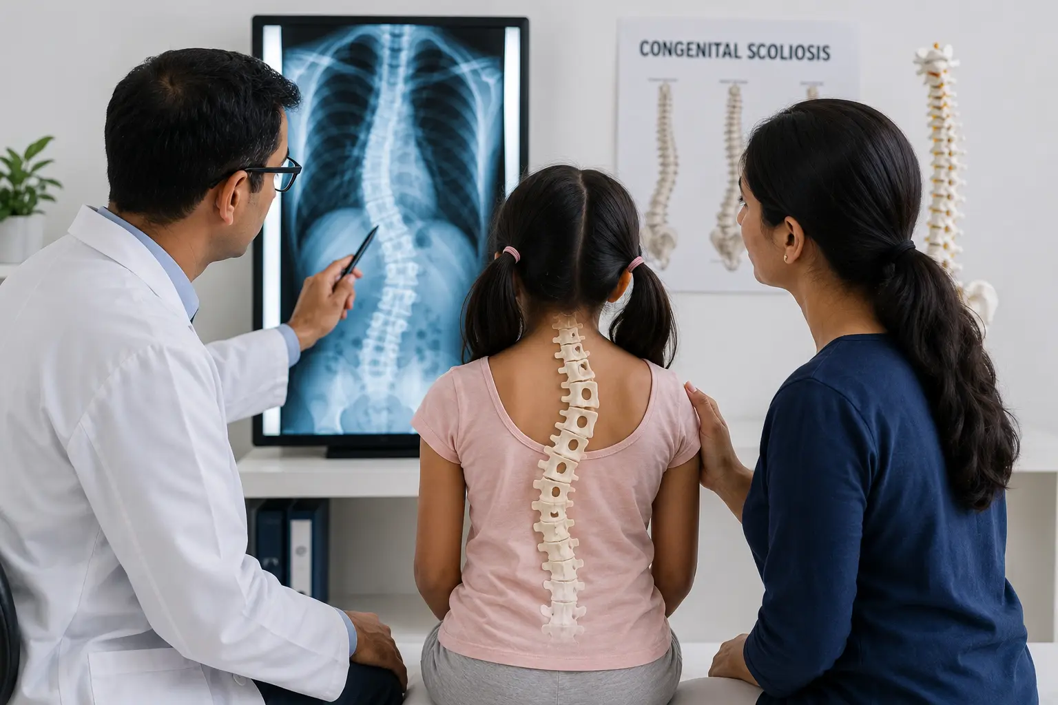 Doctor reviews a spine X-ray on a lightbox with a young girl and her mother in a clinic; a Congenital Scoliosis poster is on the wall above.
